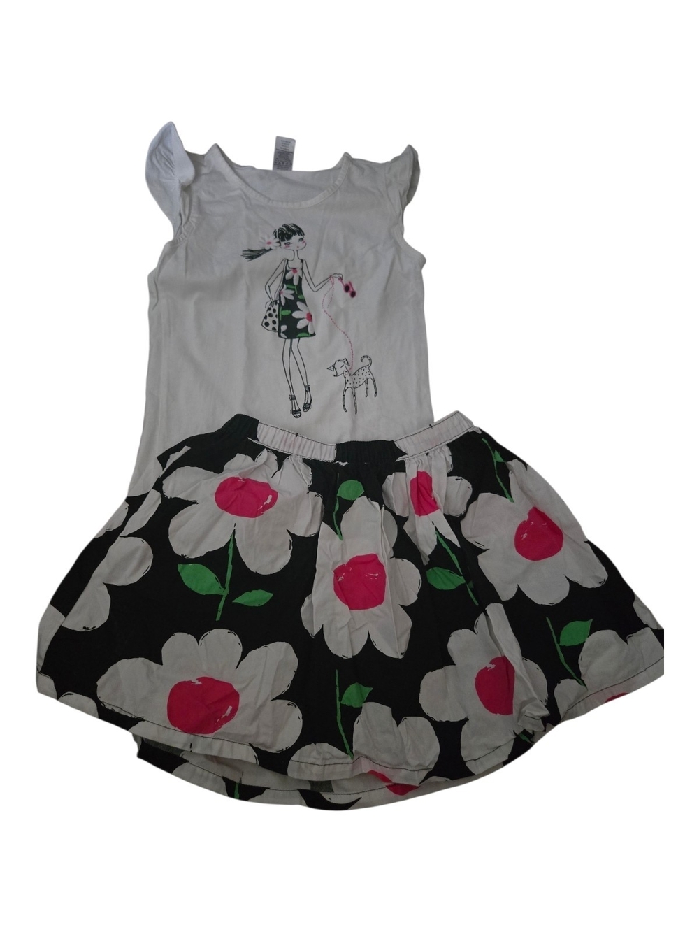 Gymboree White Tank & Black Floral Skirt Set with Pink and Green Accents